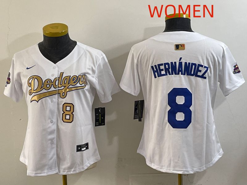 Women Los Angeles Dodgers #8 Hernandez White Champion edition Nike MLB Jersey style 002->women mlb jersey->Women Jersey